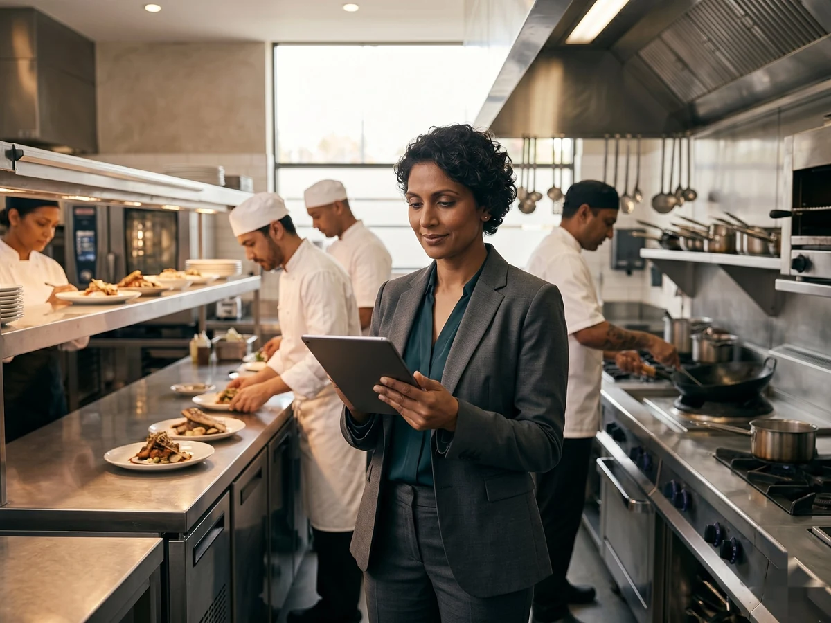 Hospitality operations leader reviewing live multi-venue performance on a tablet in a restaurant back of house