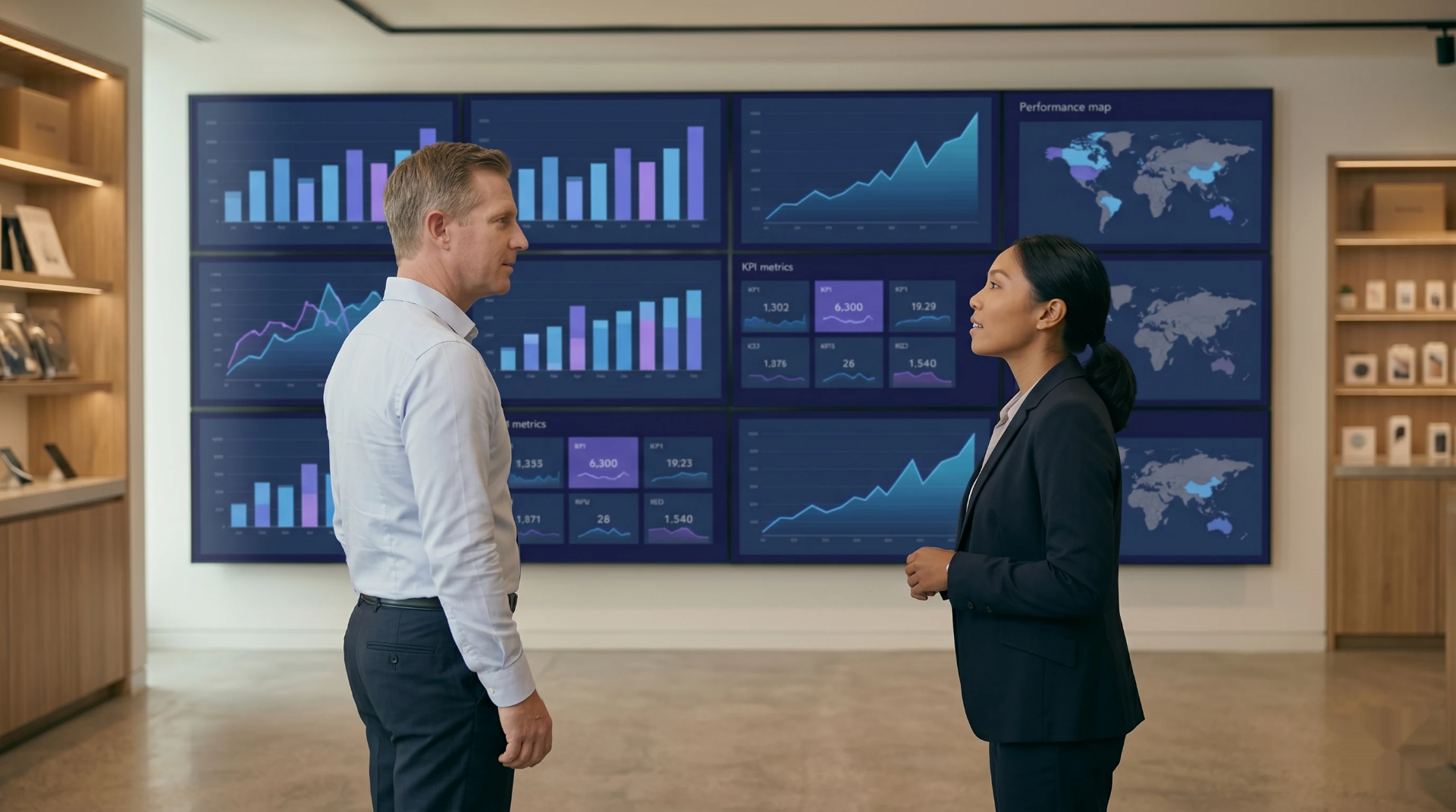 Two executives reviewing live multi-site performance dashboards on a wall of monitors, showing intelligence across an entire operation