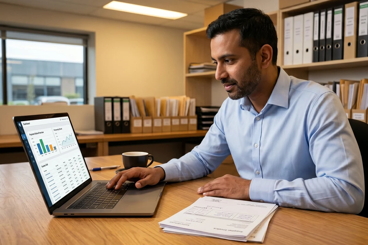Executive reading at a desk in a contemporary office