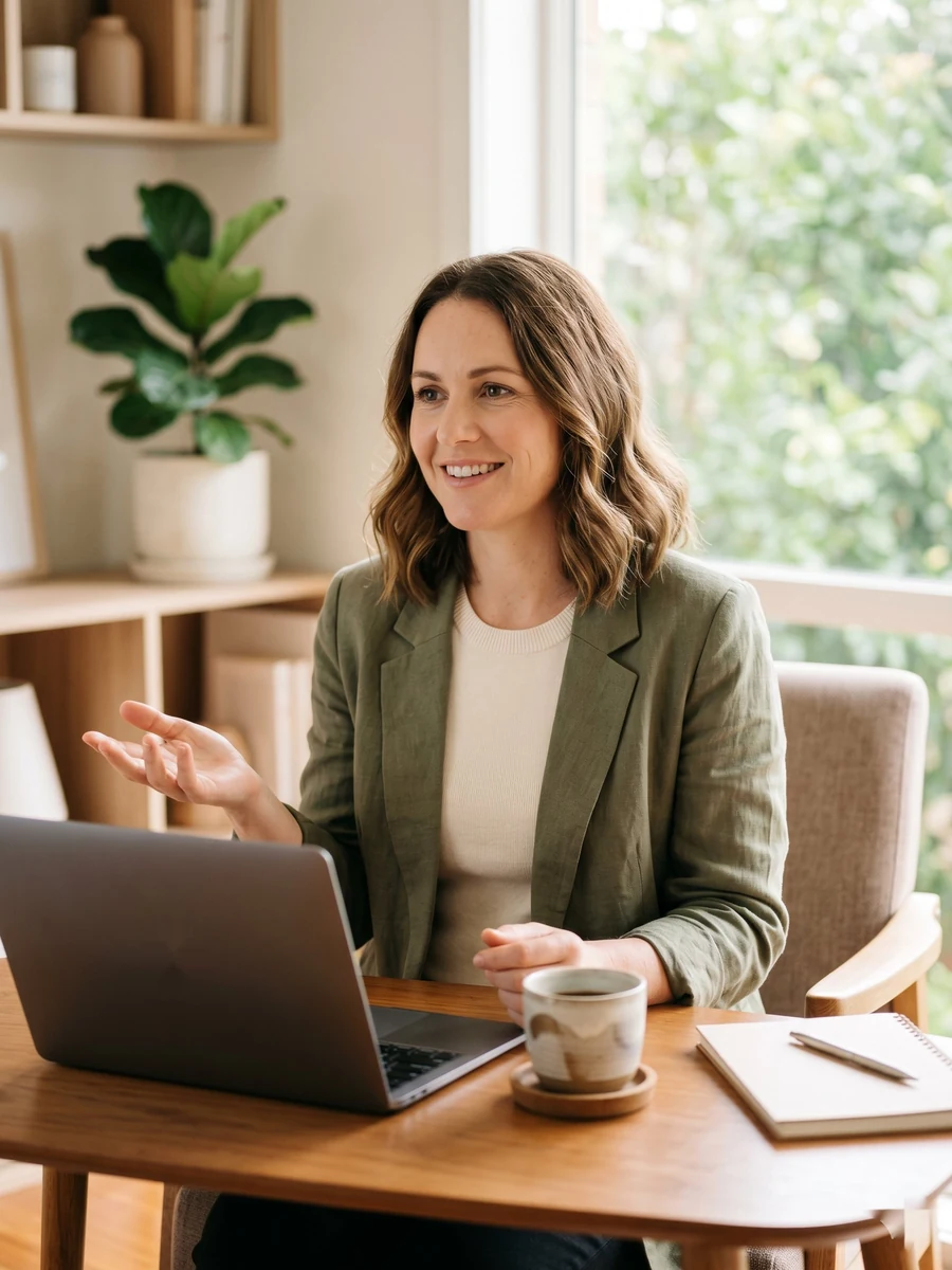 Professional on a video call in a relaxed, warm workspace